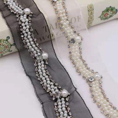 China Wholesale Stock Fancy Sensitive Handmade Water Soluble Stone Lace And Beaded Pearl Lace Decorative Rhinestone Lace For Dress for sale