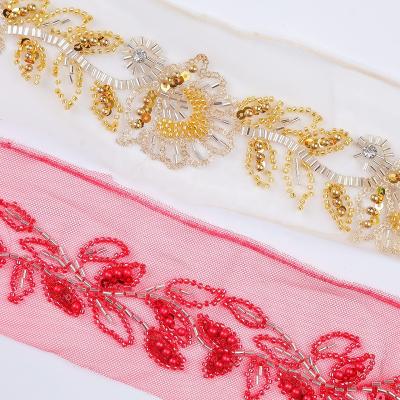 China Water Soluble Wholesale Gold Beaded Lace Trimming White Sequin Lace Trim for sale