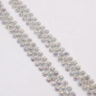 China wholesales 3 rows ab color rhinestone nickel free crystal chainglass decorative rhinestone metal chain for sale