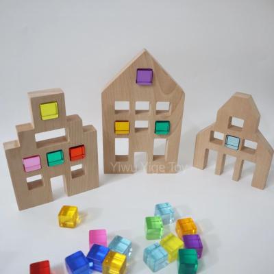 China Lucite Wooden Dutch Big Collocation Cube Block Castle Building Toy 3 Pcs House Creative Education Blocks for sale