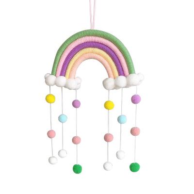 China Minimalist Hand & Woven Rainbow Wall Hanging Decoration, Rainbow with Pom Ball Wall Hanging Garlands for Kids Room for sale