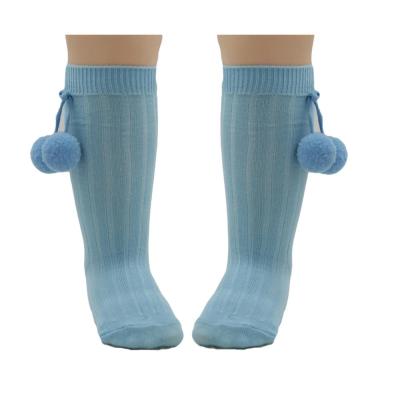 China Antibacterial high quality fuzzy blue organic cotton pom knit baby knee high socks for sale