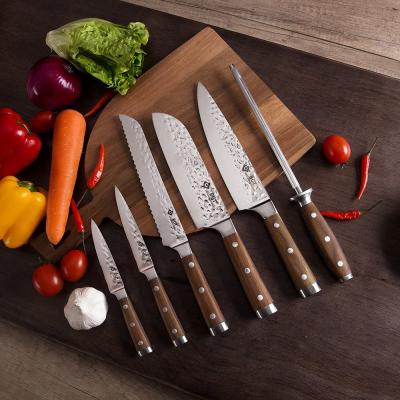 China BGT Damascus Kitchen Disposable Japanese Chef Knife 6 Piece Set 67Layer VG-10 Hammered Steel & Teak Wood Handle With A Roll Bag for sale