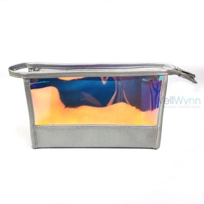 China Iridescent PU Leather Trim Holographic Makeup Pouch Travel Bag Large Toiletry Bag Soft Clear Makeup Organizer Cosmetic Bag For Women for sale