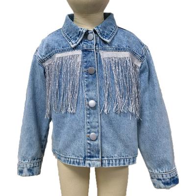 China New Fashion Fade Proof Child Washed Good Color Denim Fabric Babies High Quality Tassel Design Kids Denim Pants Jacket for sale