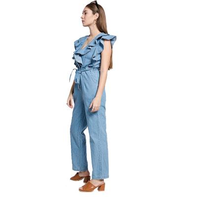 China Breathable Denim Sleeveless V-Neck Ruffles Cutout Ruffles Blue Jeans Regular Causal Fit Comfortable Women's Overalls Belt Decoration for sale