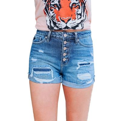 China Breathable Hot Selling Sexy Women High Waist Slanted Slim Casual Washed In Front Buttons Denim Shorts Short Jeans for sale