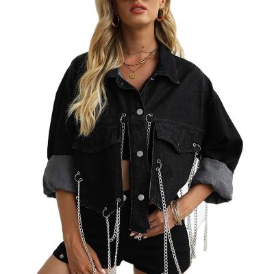 China Breathable Shinning Decoration Chain Lady Short Jacket Sheath Long New Vintage Edge Fashion Women Denim Tops for sale