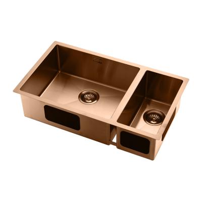 China Without Faucet Big deep double bowl   handmade stainless steel top grade kitchen sink rose golden for sale