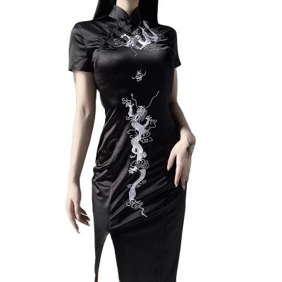 China Soft Lady Plus Size Long Treatment Modified Dragon Embroidered Cheongsam Body Dress Woman Qipao Dress for sale