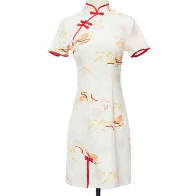 China Soft Traditional Elegance Short Modern 4 Way Cream Chinese Spandex Cheongsam Dress for sale