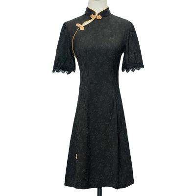 China Soft Short Sleeve Black Jacquard Satin 2021 Plus Size Chinese Ladies Cheongsam for sale