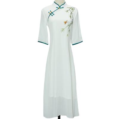 China Softly Chiffon 2021 Chinese Style Autumn Cheongsam Woman Modern Soft Cream for sale