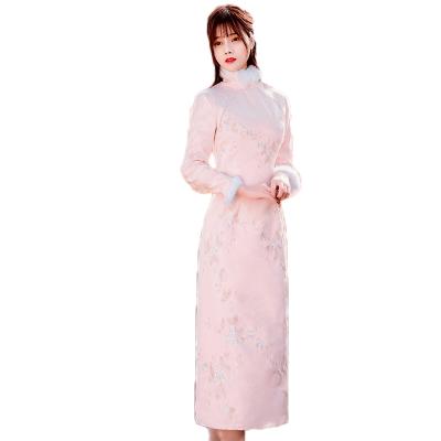 China New Winter Style Cheongsam Soft Embroidered Cheongsam Fur Collar Qipao Dress for sale