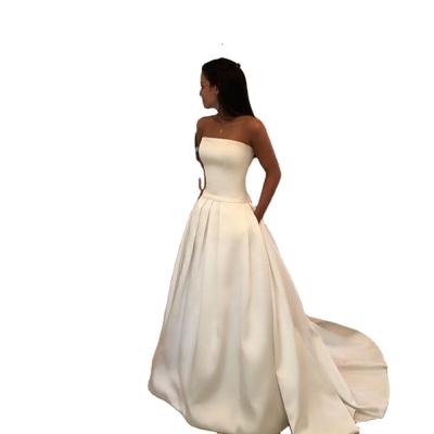 China 2021 Breathable Elegant Strapless Satin Wedding Dress Off The Shoulder Sleeveless A Line Bridal Gowns With Pocket for sale