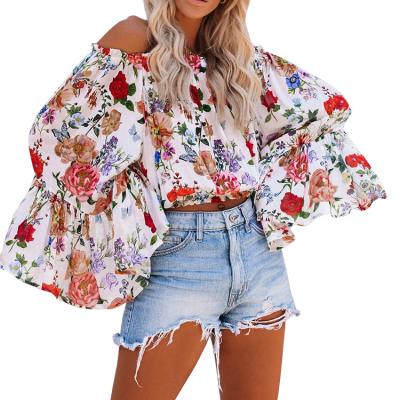 China 2021 New Product QUICK DRY Ideas Floral Printed Fabric Flared Sleeve Solid Color Soft Top Womens Blouses And Shirts for sale