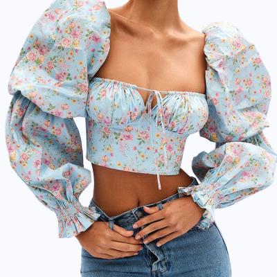 China 2021 New Product QUICK DRY Ideas Floral Printed Bodice With Square Collar Sleeve Top Padded Womens Blouses And Shirts for sale