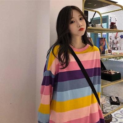 China INS Breathable Warm Women Fall Clothing T-shirt Rainbow Color Design Long Sleeve Christmas Oversized Pullover for sale