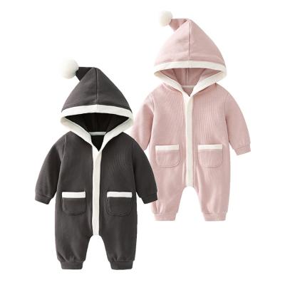 China New Autumn Winter Cotton Jumpsuit Outfit Baby Rompers Straight Fleece Striped Solid Infant Clothes Outfit Hooded for sale