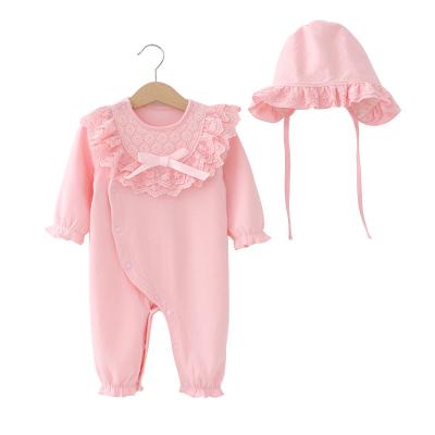 China Princess Sweet Design Lace Baby Rompers Break Button Spring and Autumn Pure Cotton Kid Spring Clothes with Hats for sale