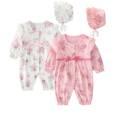 China 100% Cotton Princess Snap Button Closure Straight Baby Rompers Spring Baby Clothing With Hat 2 Pieces Set for sale