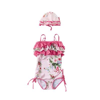 China Japan Kids Breathable Swimsuits With Hat Pink Floral One Piece Swimsuits Swimwear With Ruffles Design for sale