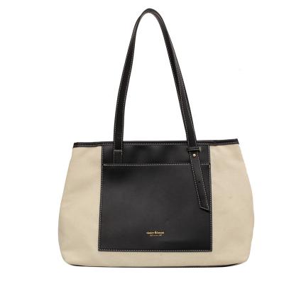 China 2022 New Fashion Design Beach Tote Foldable Reusable Shopping Bag Women Canvas Cotton Reused With Long Shoulder PU Leather Strap for sale