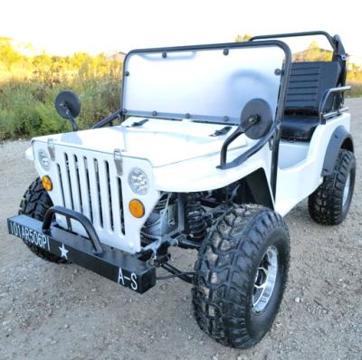 China White Mini Gas Golf Cart Jeep ELITE Edition Lifted With Custom Rims And Fender Flares for sale