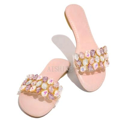 China Fashion Trend AF003MH Women Rhinestone Flats Sandals Ladies Gold Studded Slippers Women Slip Sandal Shoes for sale