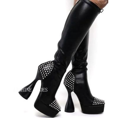 China Trend AB075MH Diamond Chunky High Heel Platform Women Customized Wholesale Fashion Shoes Black Leather Knee High Boots for sale