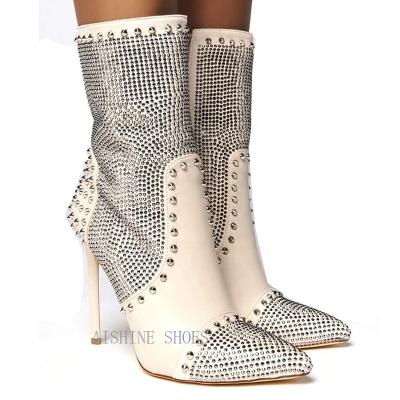 China Fashion Trend AB073MH High Heel Diamond Ladies Ankle Boots Luxury Winter Stiletto Boots For Women Leather Boots for sale