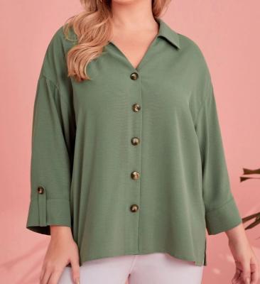 China Plus Size Street Style Plus Size Button Front Roll Tab Sleeve Blouse For Women for sale