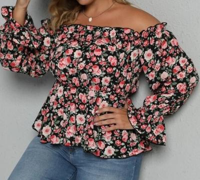 China New Style Plus Size Blusa Women Plus Size Ruffle Trim Off Shoulder Bubble Edge Floral Blouse for sale