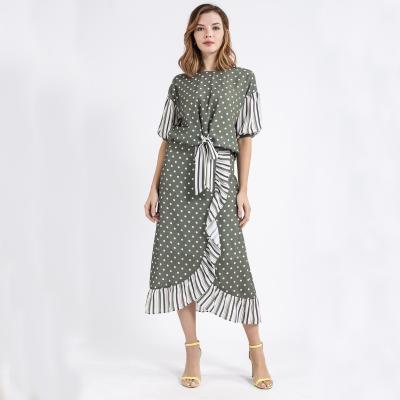 China Breathable Women Fashion Half Sleeve Round Neck Elegant Dress Stripe Contrast Color DOT Print Casual Midi Dress for sale