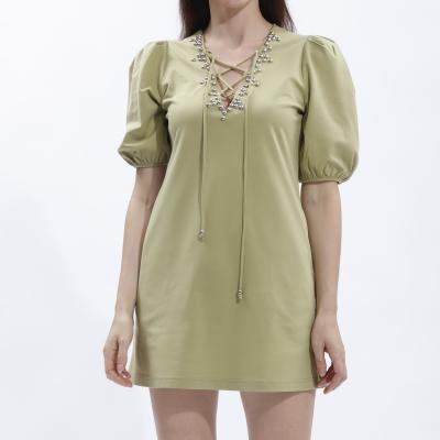 China Breathable Summer Monki Embroidered Pocket Beading Hallow Casual Sweet Puff Sleeve Mini Dress for sale