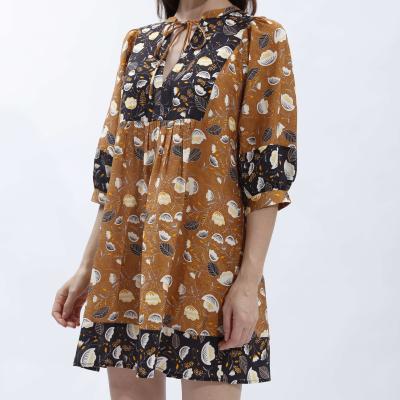 China Monki Breathable Floral Ruffles Notched Drawstring Puff Sleeve Half Sleeve Casual Mini Dress for sale