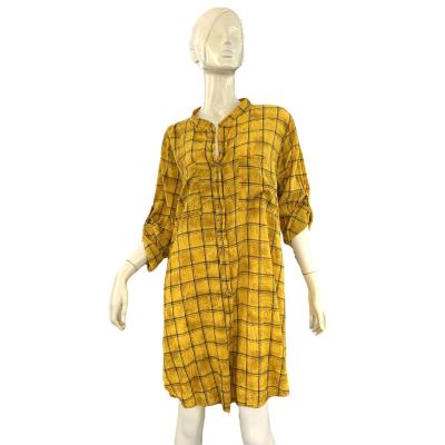 China Anti-Wrinkle Autumn Fashion Casual Notched V Neck Button Up Long Sleeve Check Midi Shirt Dress For Women for sale