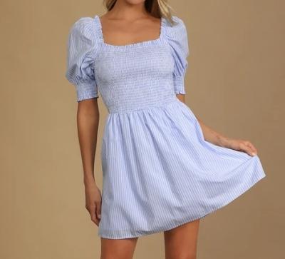 China New Anti-Static Fashion Style Blue Striped Smocked Puff Sleeve Women Skater Dress for sale