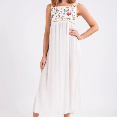 China Breathable Elegant Square Neck Boho Embroidery Sleeveless Beading Maxi Dress Summer for sale