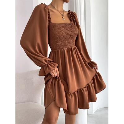 China Anti-wrinkle Women Elegant Dress Square Neck Bubbled Bodice Ruffle Sleeve Ruffled Mini Dress for sale