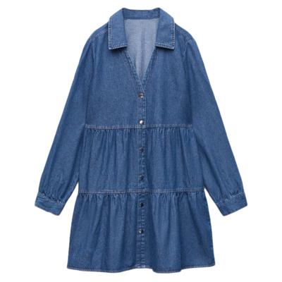 China Anti-wrinkle women denim dress casual metal button v neckline ruffled edge tiered dress for sale