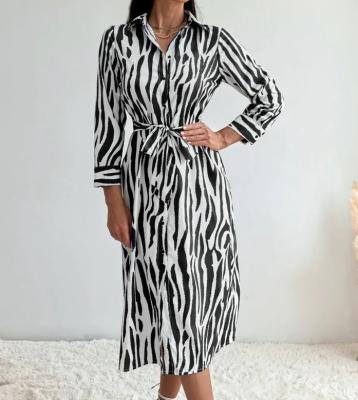 China Stylish Autumn Monki Zebra Breathable Striped Belted Shirt Dress For Women for sale