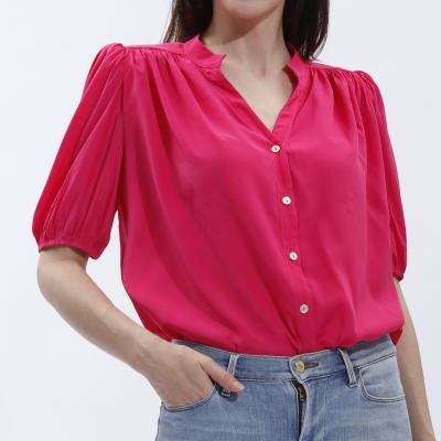 China Breathable Hot Sale Puff Sleeve Cute Tops Notched Casual V Neck Epaulet Blouses For Women for sale