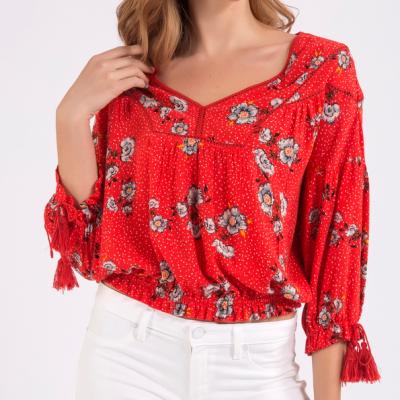 China New Lace Floral Print Monki Blouse Anti Shrink Cuff Sheath Elegant Fashionable Tops For Women for sale