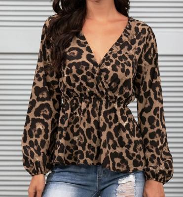 China New Breathable Causal V-Neckline Style Leopard Print Surplice Front Peplum Blouse For Women for sale