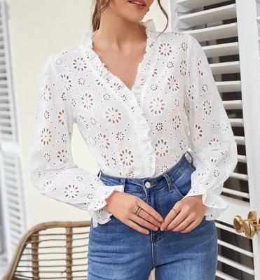 China Breathable fashion new style crop tops eyelet embroidery V-neck ruffle sleeve gimlet trim blouse for women for sale