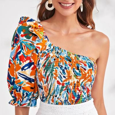 China Breathable Womens Floral Blouse All Over The Shoulder Print One Ruffle Bubbled Cute Top for sale