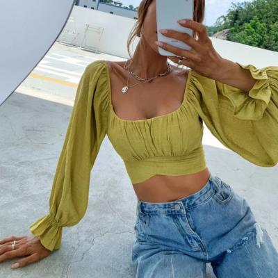 China Casual Breathable Elegant Square Tie Ruffle Neck Sleeveless Women's Back Milker Crop Blouse for sale