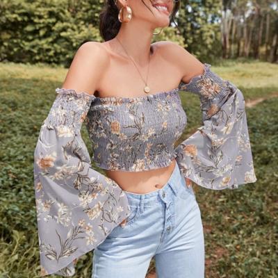 China Breathable Lady Cute Floral Top Off Shoulder Buffed Frill Trim Bell Sleeve Casual Bardot Top for sale