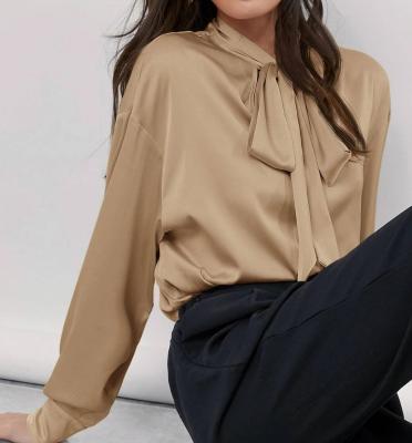 China Women Vintage Tie Neck Drop Shoulder Satin Top Blouse Shirt Breathable for sale